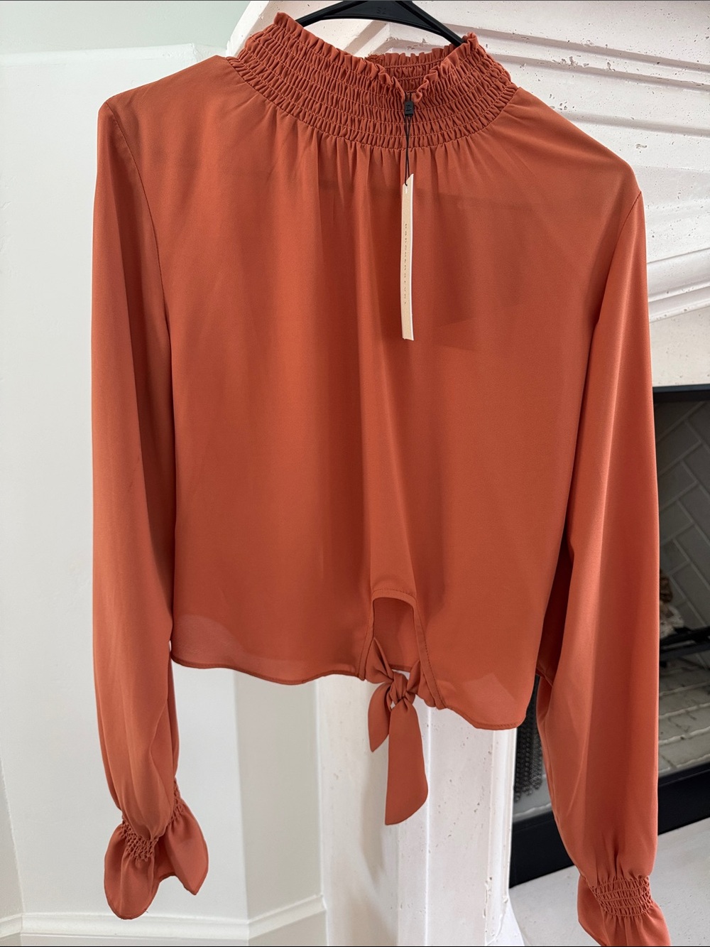 Dance & Marvel Rust Smocked Neck Tie-Hem Long Sleeve Blouse